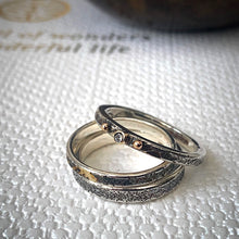 Load image into Gallery viewer, Solid sterling silver and gold ring set with a sparkling 2mm Diamond. Size R