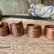 Load image into Gallery viewer, Solid copper, adjustable, wide band wrap rings. Made to order
