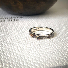 Load image into Gallery viewer, Solid sterling silver and gold ring set with a sparkling black spinel. Size O 1/2