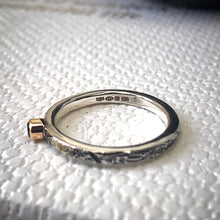 Load image into Gallery viewer, Solid sterling silver and gold ring set with a deep red garnet. Size Q1/2