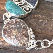 Load image into Gallery viewer, Unique multi gemstone heavy silver bracelet with toggle clasp