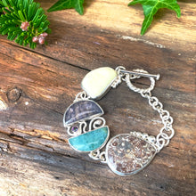 Load image into Gallery viewer, Unique multi gemstone heavy silver bracelet with toggle clasp