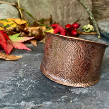 Load image into Gallery viewer, Large decorative copper cuff bracelet
