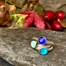Load image into Gallery viewer, Colourful silver and cats eye stacking rings