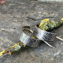 Load image into Gallery viewer, Silver bohemian texture, half hoop earrings