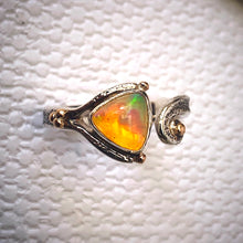 Load image into Gallery viewer, Solid sterling silver and gold ring set with incredible, ethically sourced,Ethiopian opal. Size R