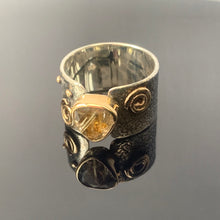 Load image into Gallery viewer, Solid sterling silver and gold ring set with incredible gold rutile quartz. Size T