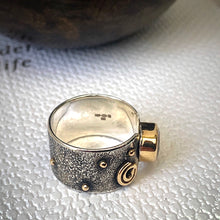 Load image into Gallery viewer, Solid sterling silver and gold ring set with incredible gold rutile quartz. Size T
