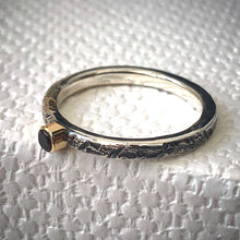 Load image into Gallery viewer, Solid sterling silver and gold ring set with a deep red garnet. Size Q1/2