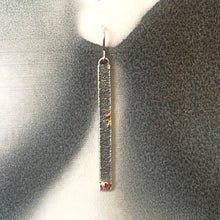 Load image into Gallery viewer, Solid sterling silver and gold earrings set with deep pink Rubies.
