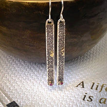 Load image into Gallery viewer, Solid sterling silver and gold earrings set with deep pink Rubies.