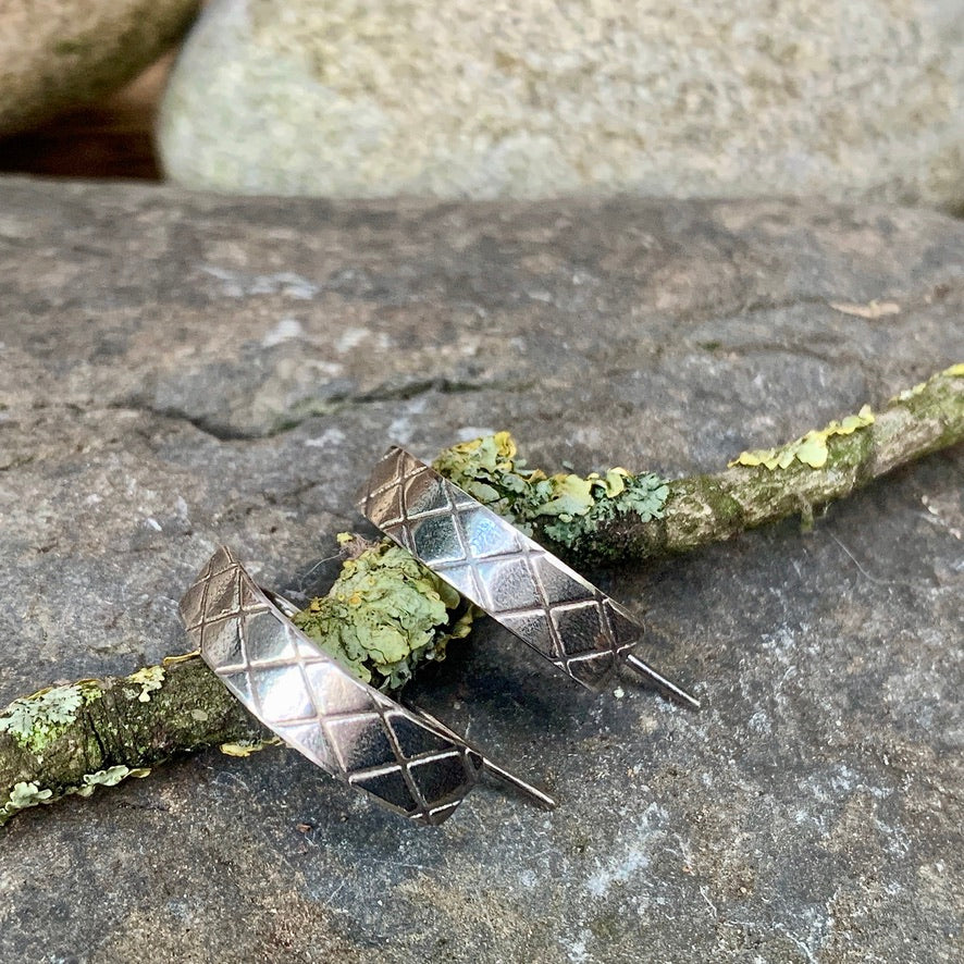 Silver crosshatch texture, half hoop earrings