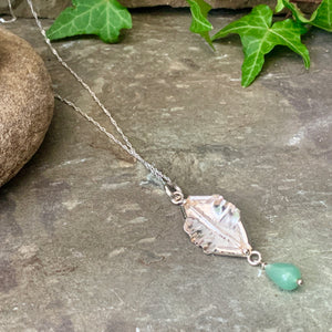 Organic, sterling silver curled leaf pendant with green Aventurine drop