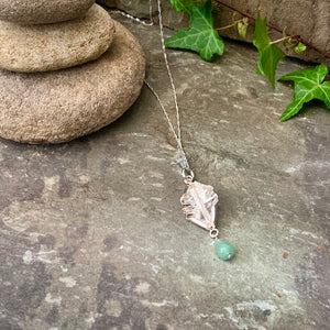 Organic, sterling silver curled leaf pendant with green Aventurine drop