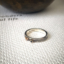 Load image into Gallery viewer, Solid sterling silver and gold ring set with a sparkling black spinel. Size O 1/2
