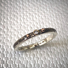 Load image into Gallery viewer, Solid sterling silver and gold ring set with a sparkling 2mm Diamond. Size R
