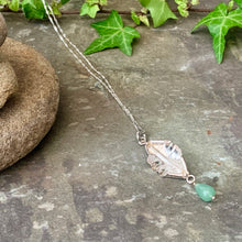 Load image into Gallery viewer, Organic, sterling silver curled leaf pendant with green Aventurine drop
