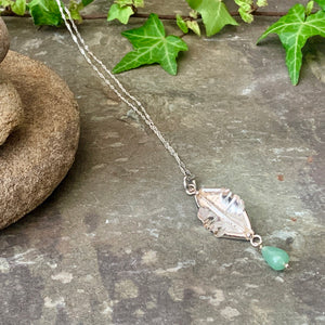 Organic, sterling silver curled leaf pendant with green Aventurine drop