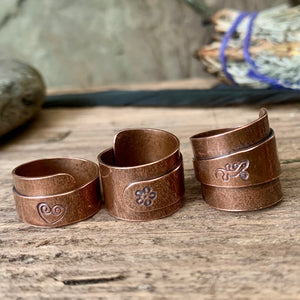 Solid copper, adjustable, wide band wrap rings. Made to order