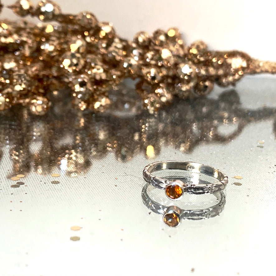 Sparkling Citrine and silver, flower patterned stacking ring