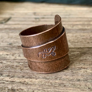 Solid copper, adjustable, wide band wrap rings. Made to order