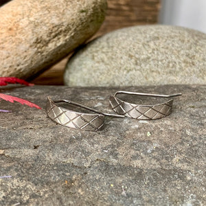 Silver crosshatch texture, half hoop earrings