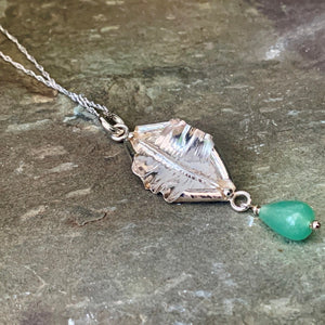 Organic, sterling silver curled leaf pendant with green Aventurine drop