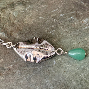 Organic, sterling silver curled leaf pendant with green Aventurine drop