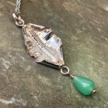 Load image into Gallery viewer, Organic, sterling silver curled leaf pendant with green Aventurine drop
