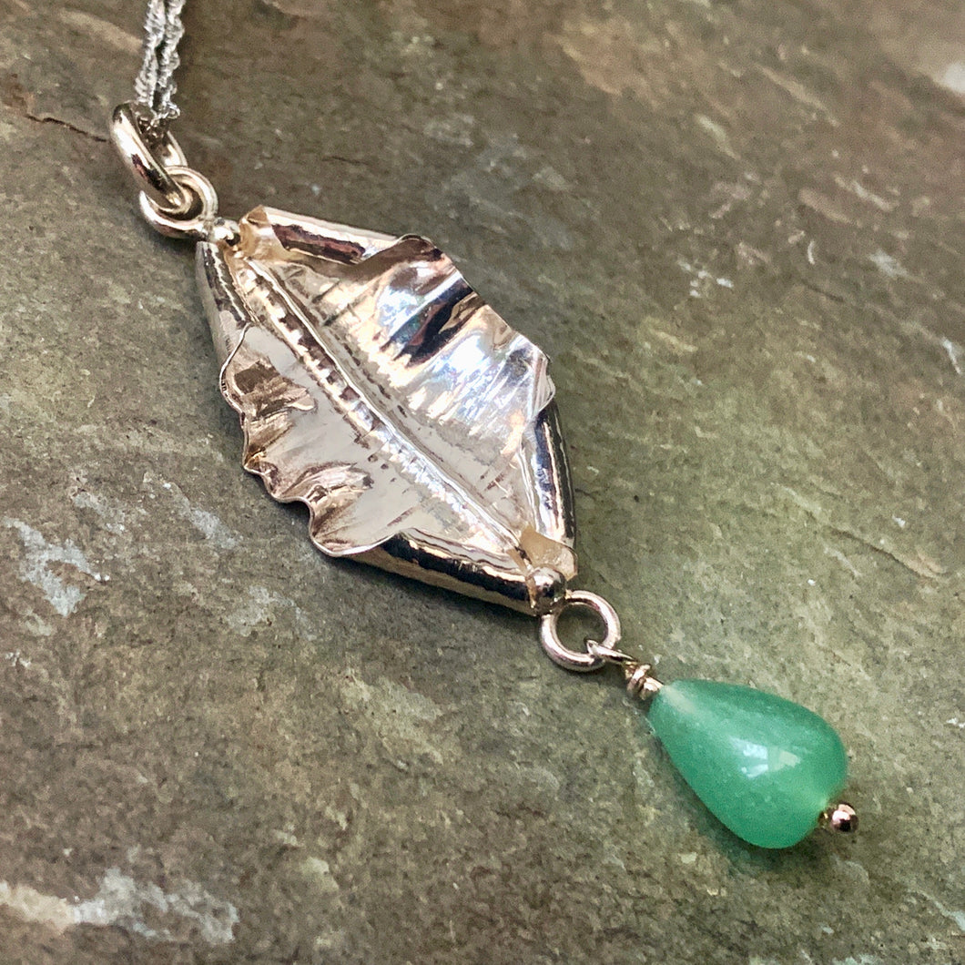 Organic, sterling silver curled leaf pendant with green Aventurine drop