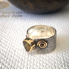 Load image into Gallery viewer, Solid sterling silver and gold ring set with incredible gold rutile quartz. Size T
