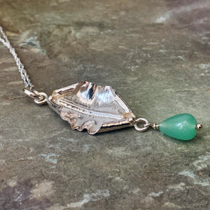 Organic, sterling silver curled leaf pendant with green Aventurine drop